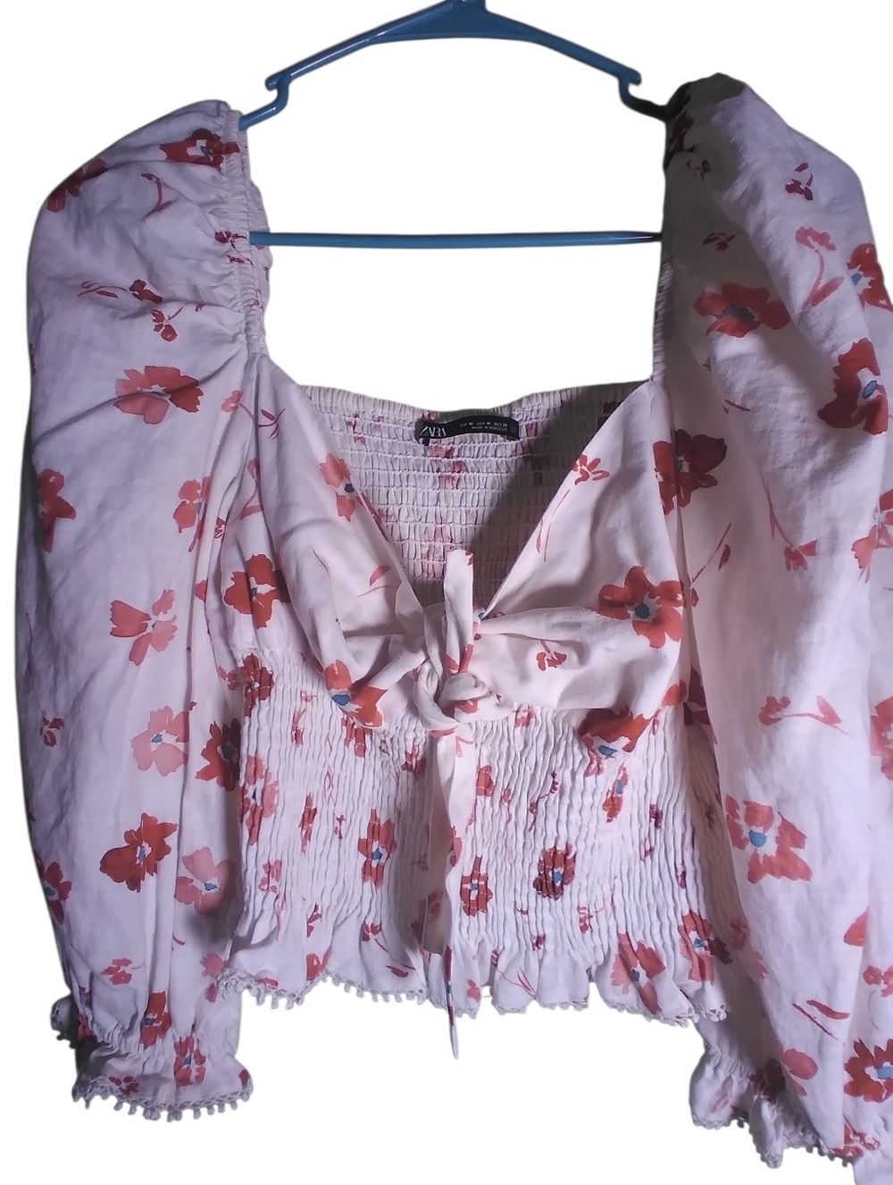 Zara Pink Floral Tie-Front Puff Sleeve Crop Top Elastic Cuff Smocked Size M